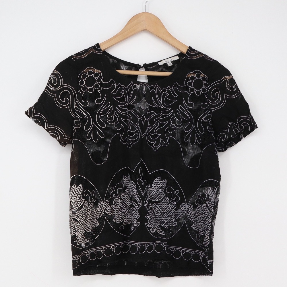 Acemi Top Womens S Y5696 Black Embroidered Lace Mesh Short Sleeve Excellent